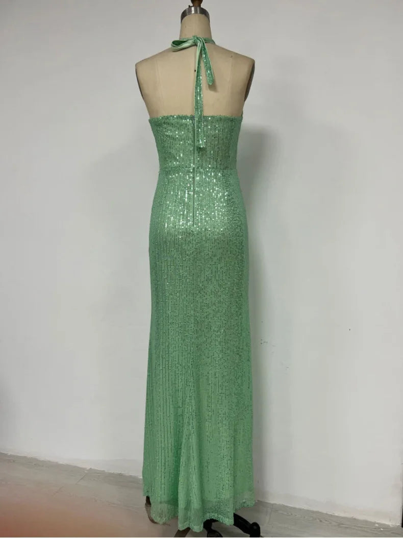 Sequin Halter Neck Backless Evening Maxi Dress Performance Event | Chuzko.com