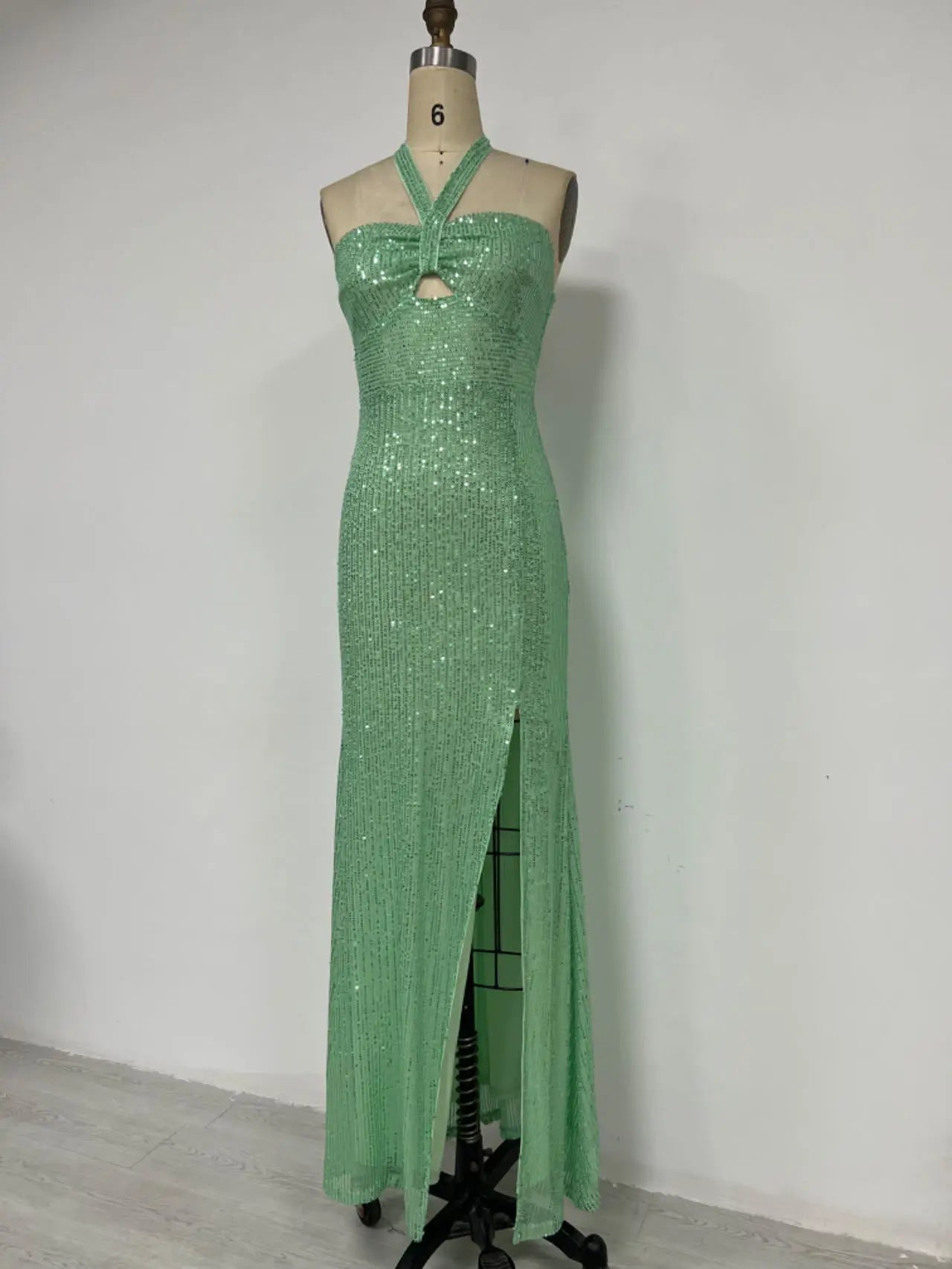 Sequin Halter Neck Backless Evening Maxi Dress Performance Event | Chuzko.com