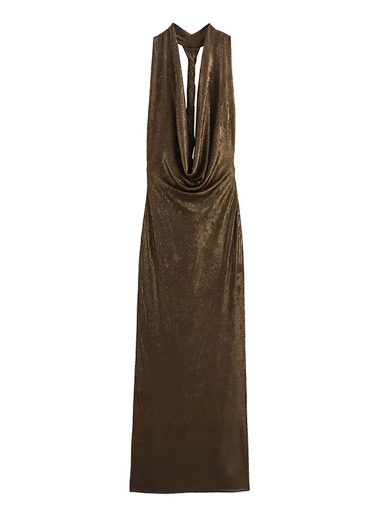 Glittery Plunging Cowel Neck Backless Sling Ultra Ruched Fashion | Chuzko.com