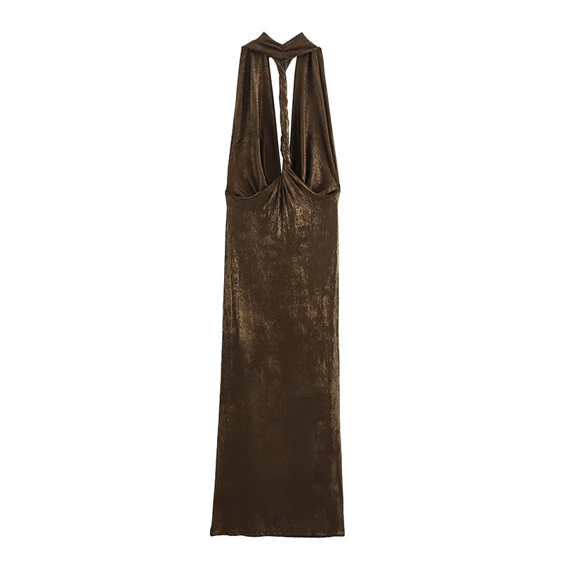 Glittery Plunging Cowel Neck Backless Sling Ultra Ruched Fashion | Chuzko.com