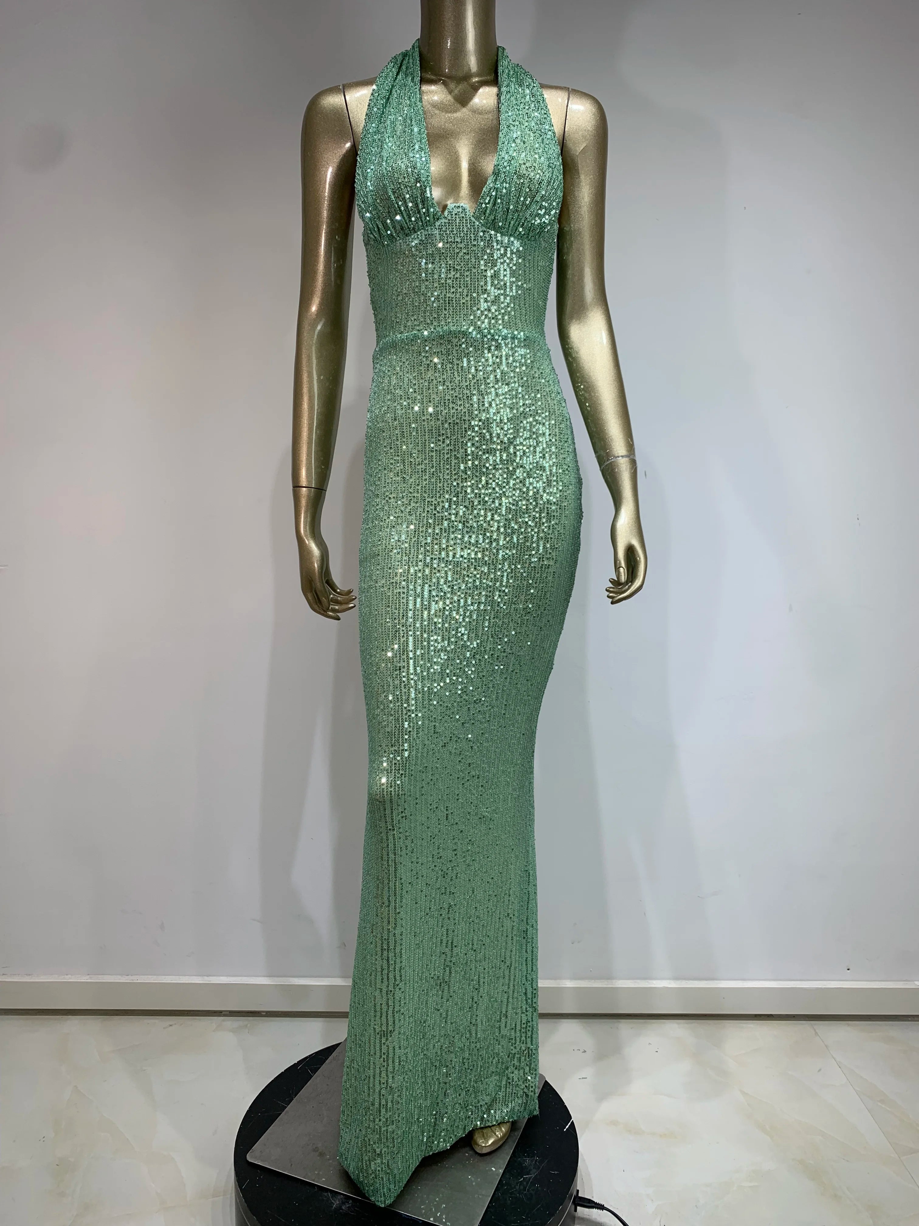 Elegant Sequined Plunging Neck Maxi Dress - Shine at Social | Chuzko.com