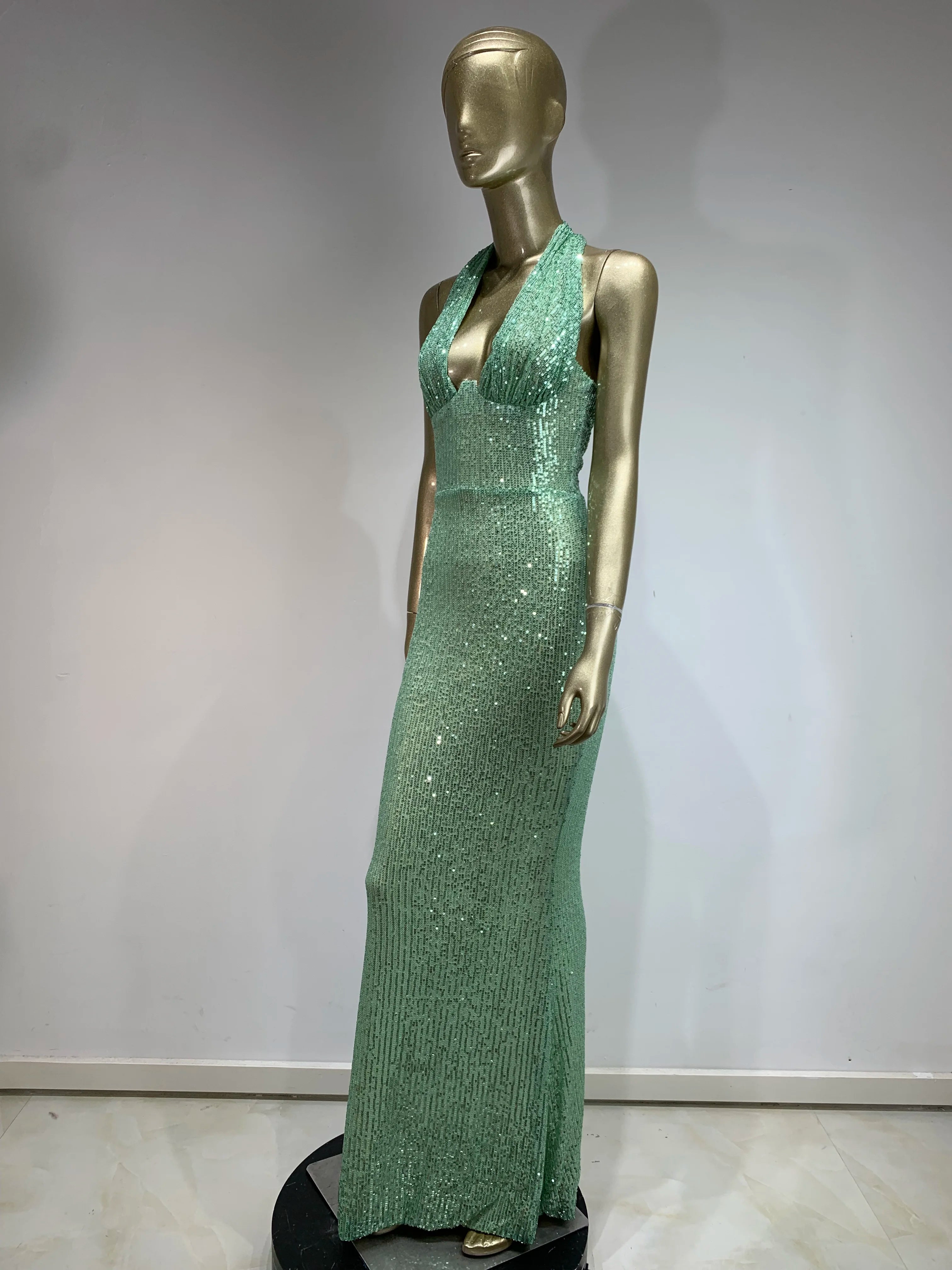 Elegant Sequined Plunging Neck Maxi Dress - Shine at Social | Chuzko.com