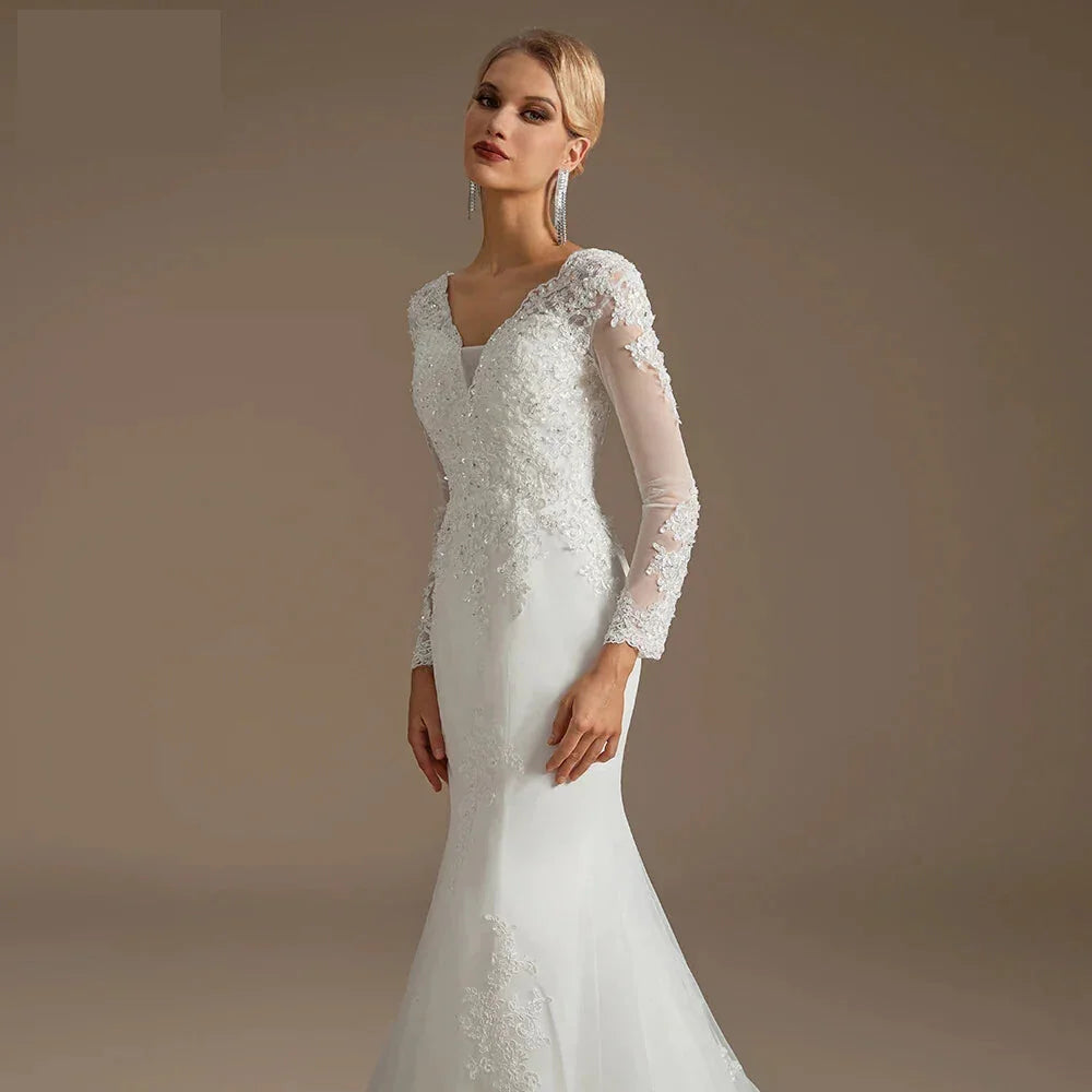 Wedding Dress Mermaid Court Train Bridal Gown with Long Sleeve | Chuzko.com