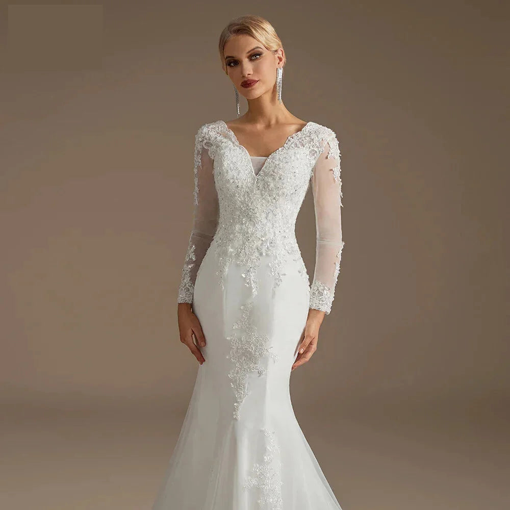 Wedding Dress Mermaid Court Train Bridal Gown with Long Sleeve | Chuzko.com