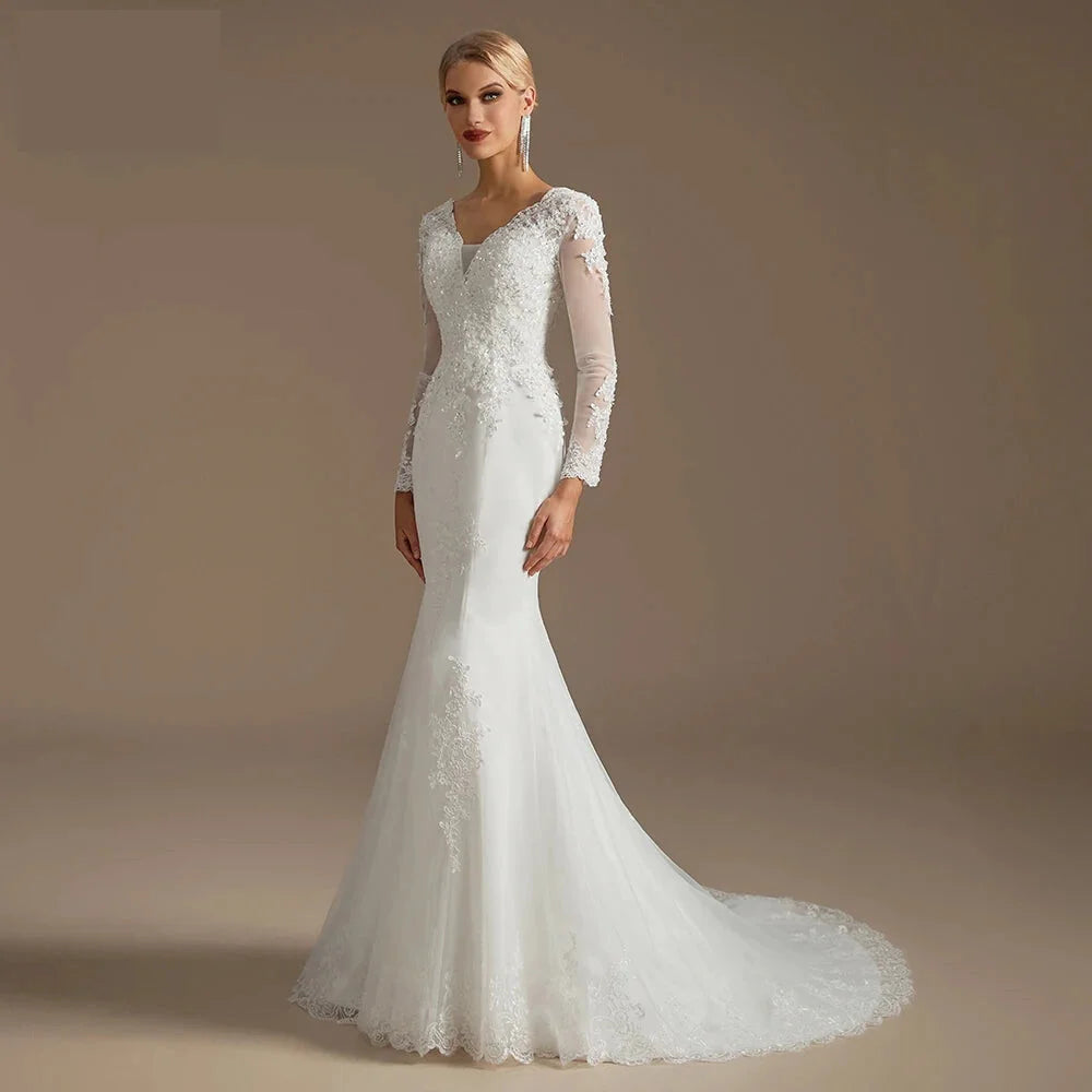 Wedding Dress Mermaid Court Train Bridal Gown with Long Sleeve | Chuzko.com