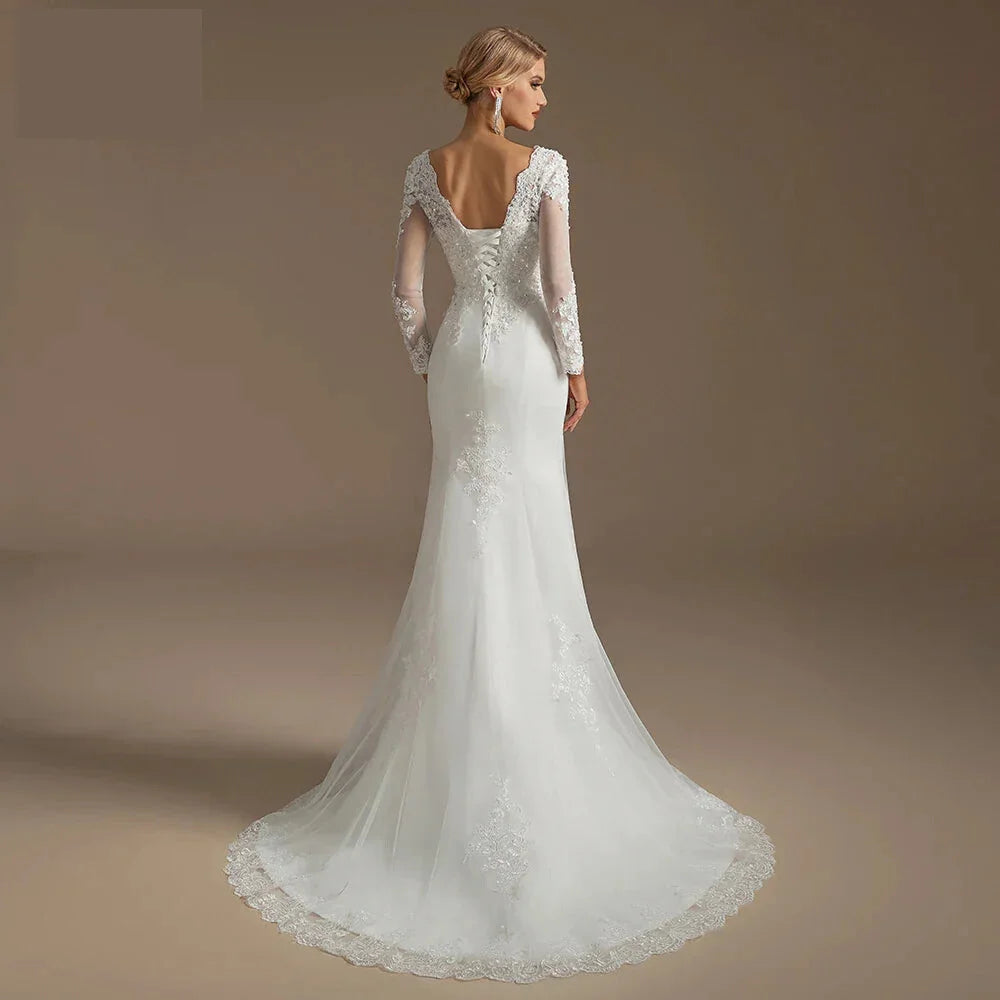 Wedding Dress Mermaid Court Train Bridal Gown with Long Sleeve | Chuzko.com