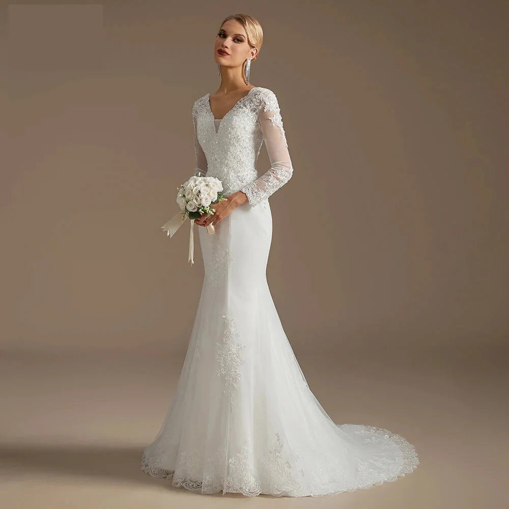 Wedding Dress Mermaid Court Train Bridal Gown with Long Sleeve	