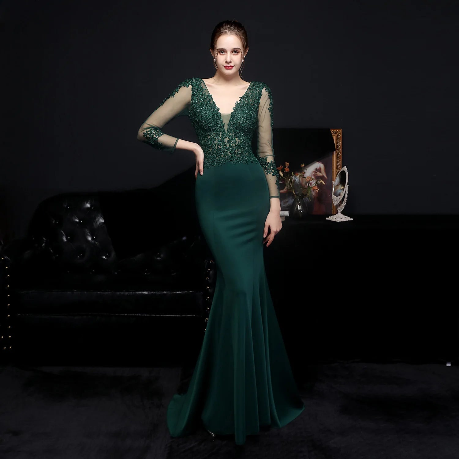 Elegant Long Sleeve Satin Dress Mermaid Gown for Winter Weddings | Chuzko.com