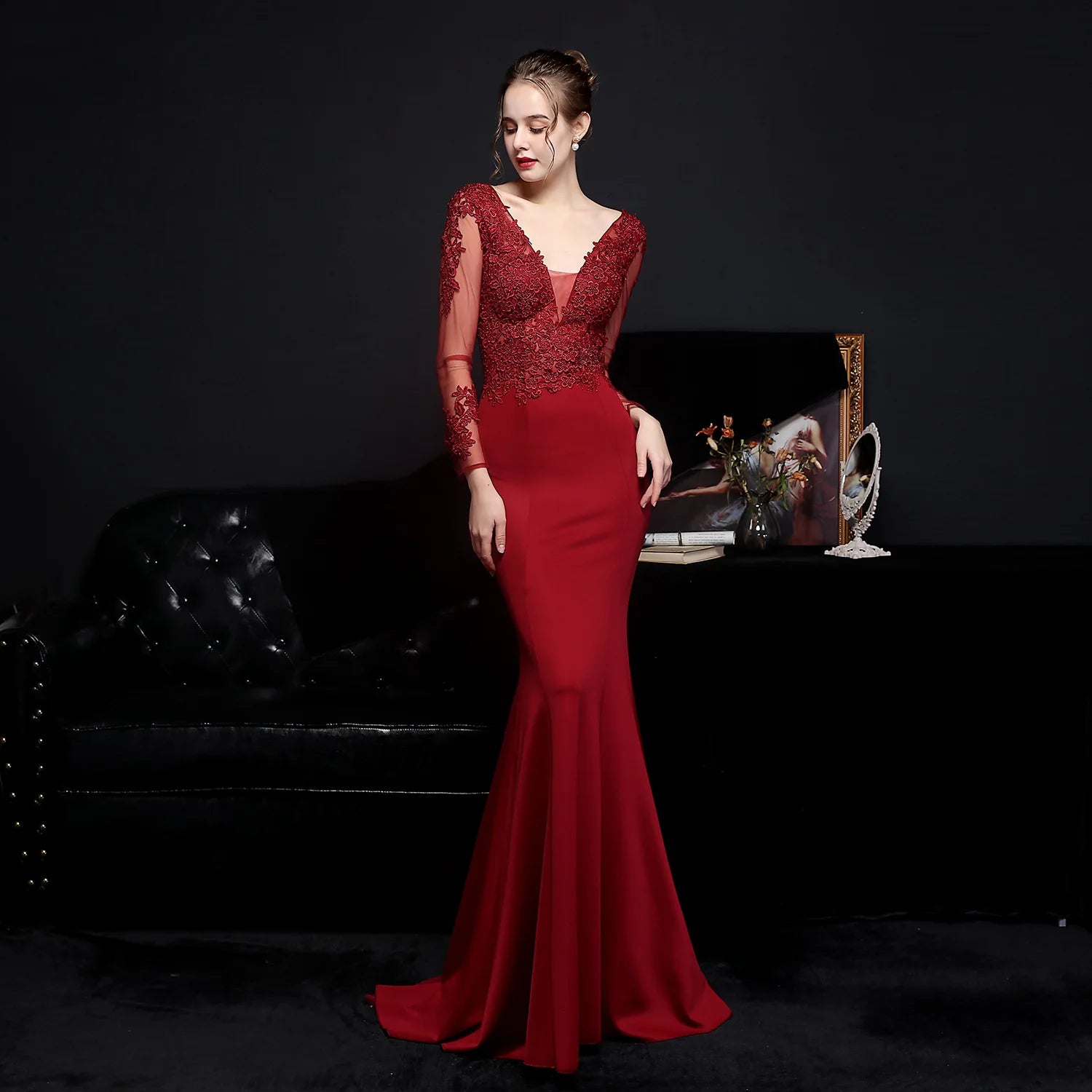 Elegant Long Sleeve Satin Dress Mermaid Gown for Winter Weddings | Chuzko.com