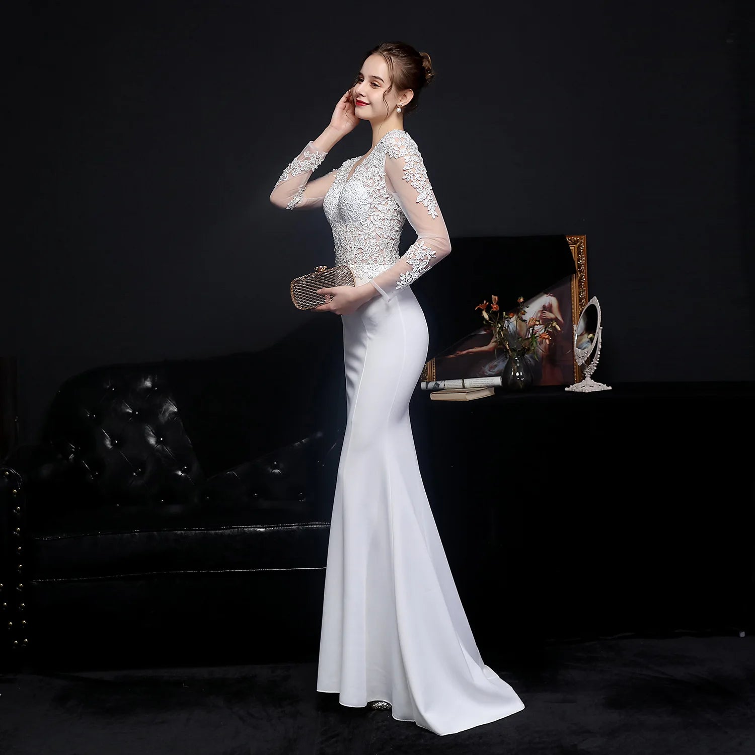 Elegant Long Sleeve Satin Dress Mermaid Gown for Winter Weddings | Chuzko.com