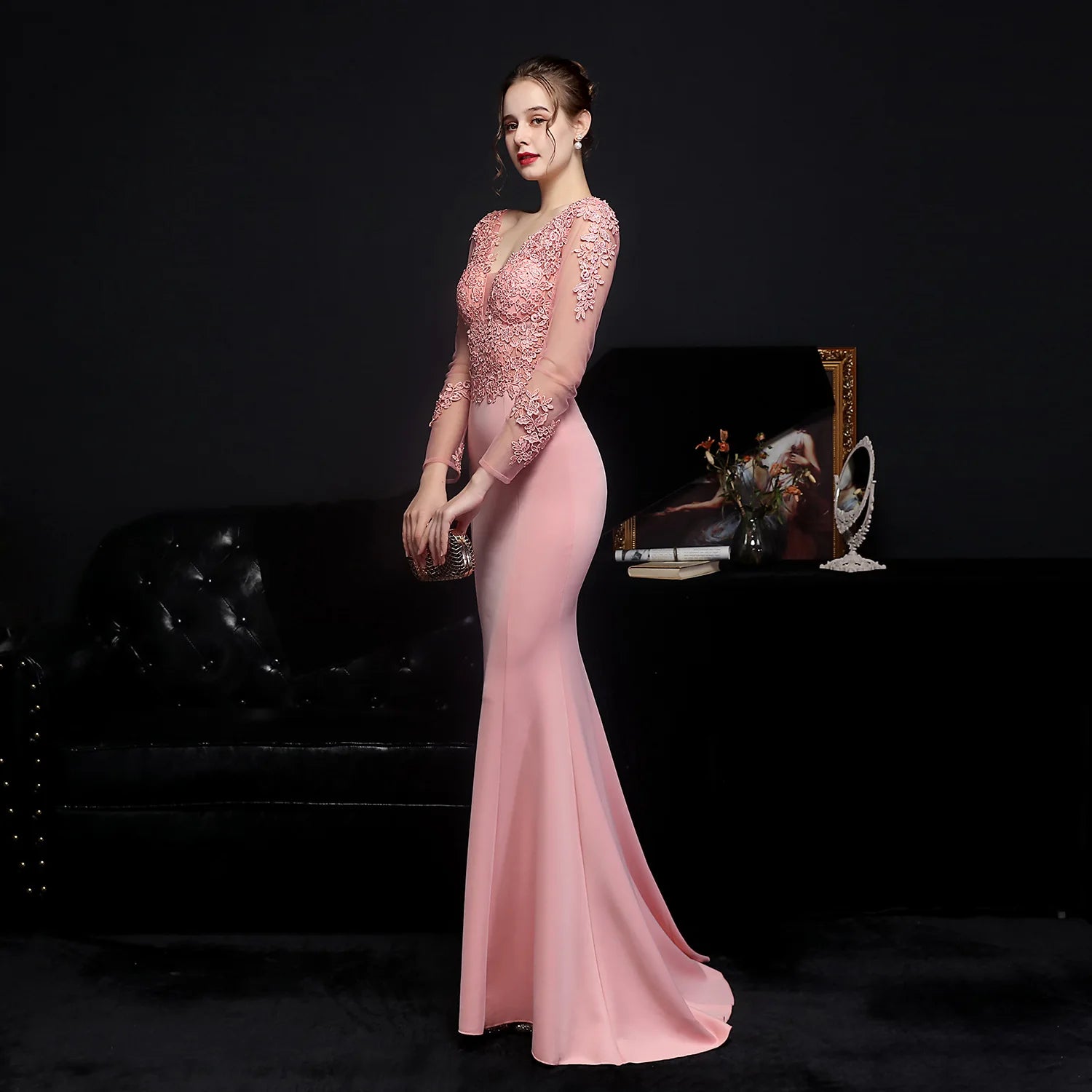 Elegant Long Sleeve Satin Dress Mermaid Gown for Winter Weddings | Chuzko.com