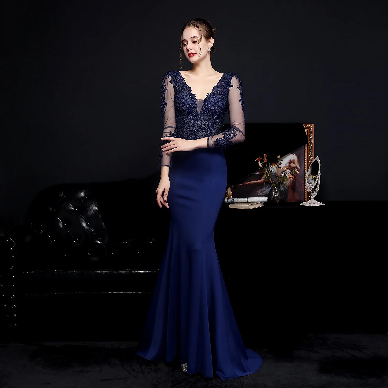 Elegant Long Sleeve Satin Dress Mermaid Gown for Winter Weddings | Chuzko.com