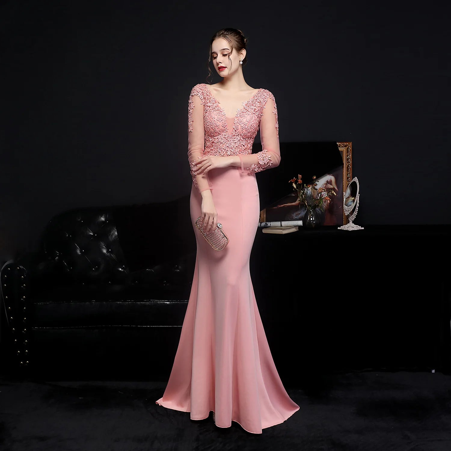 Elegant Long Sleeve Satin Dress Mermaid Gown for Winter Weddings | Chuzko.com