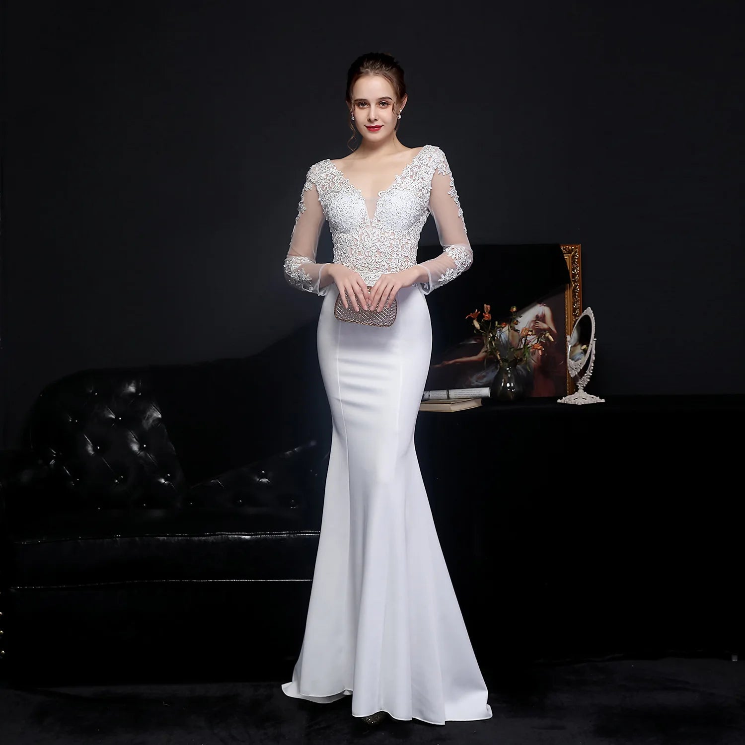 Elegant Long Sleeve Satin Dress Mermaid Gown for Winter Weddings	