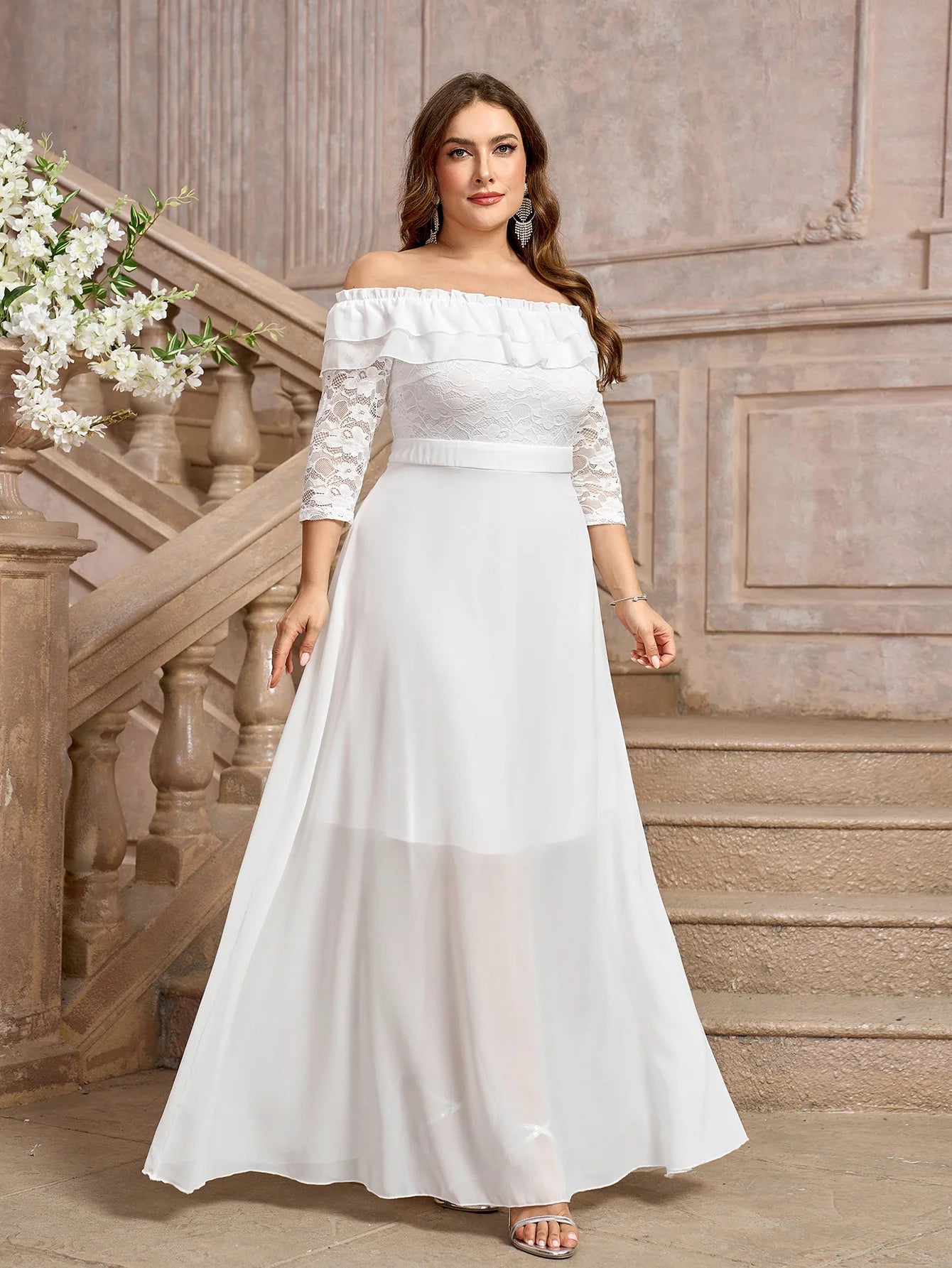 Elegant A-Line Plus Size Wedding Dress with Lace Sleeves Wedding | Chuzko.com