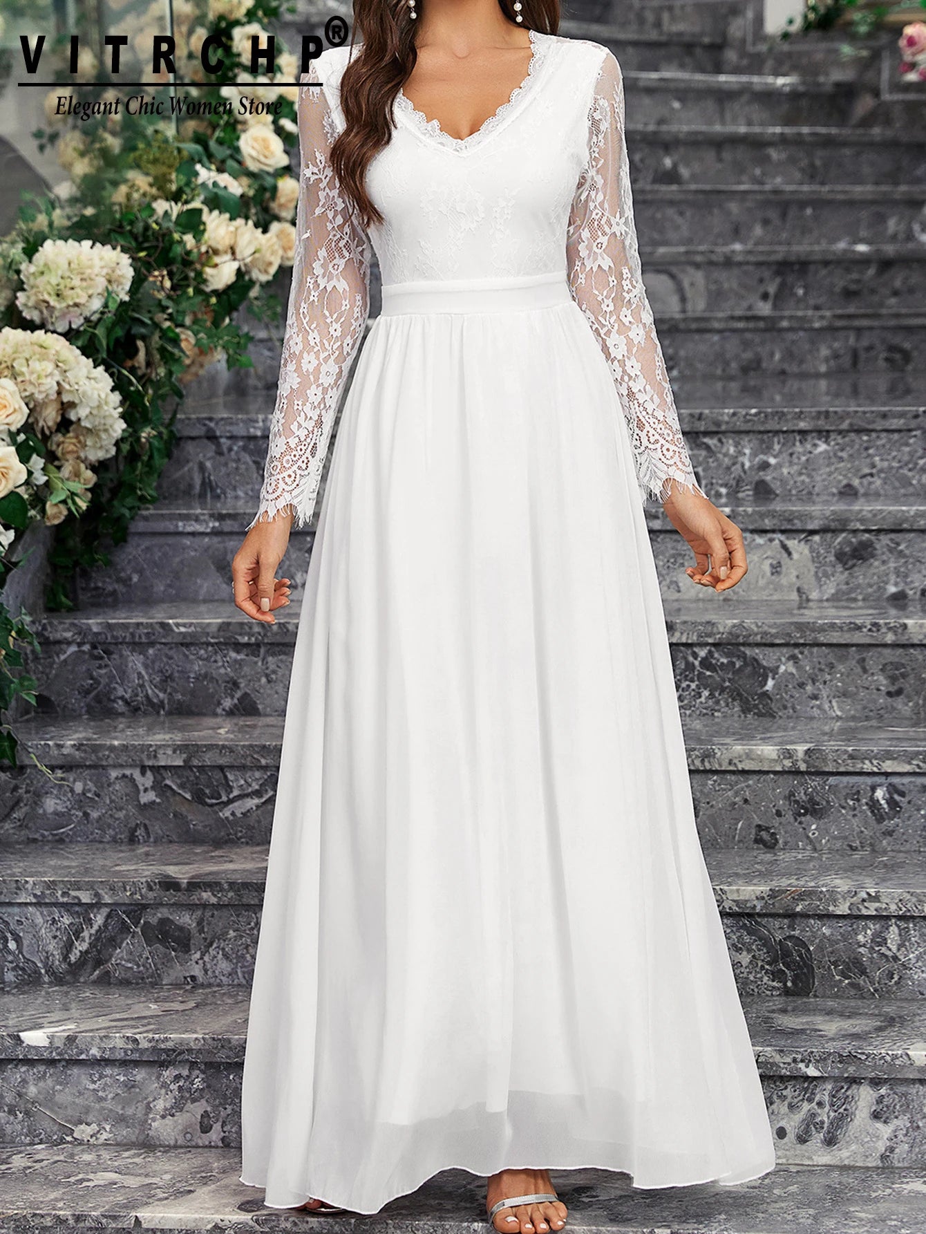 Lace Sleeve Backless Wedding Gown Formal Bridal Dress Wedding | Chuzko.com