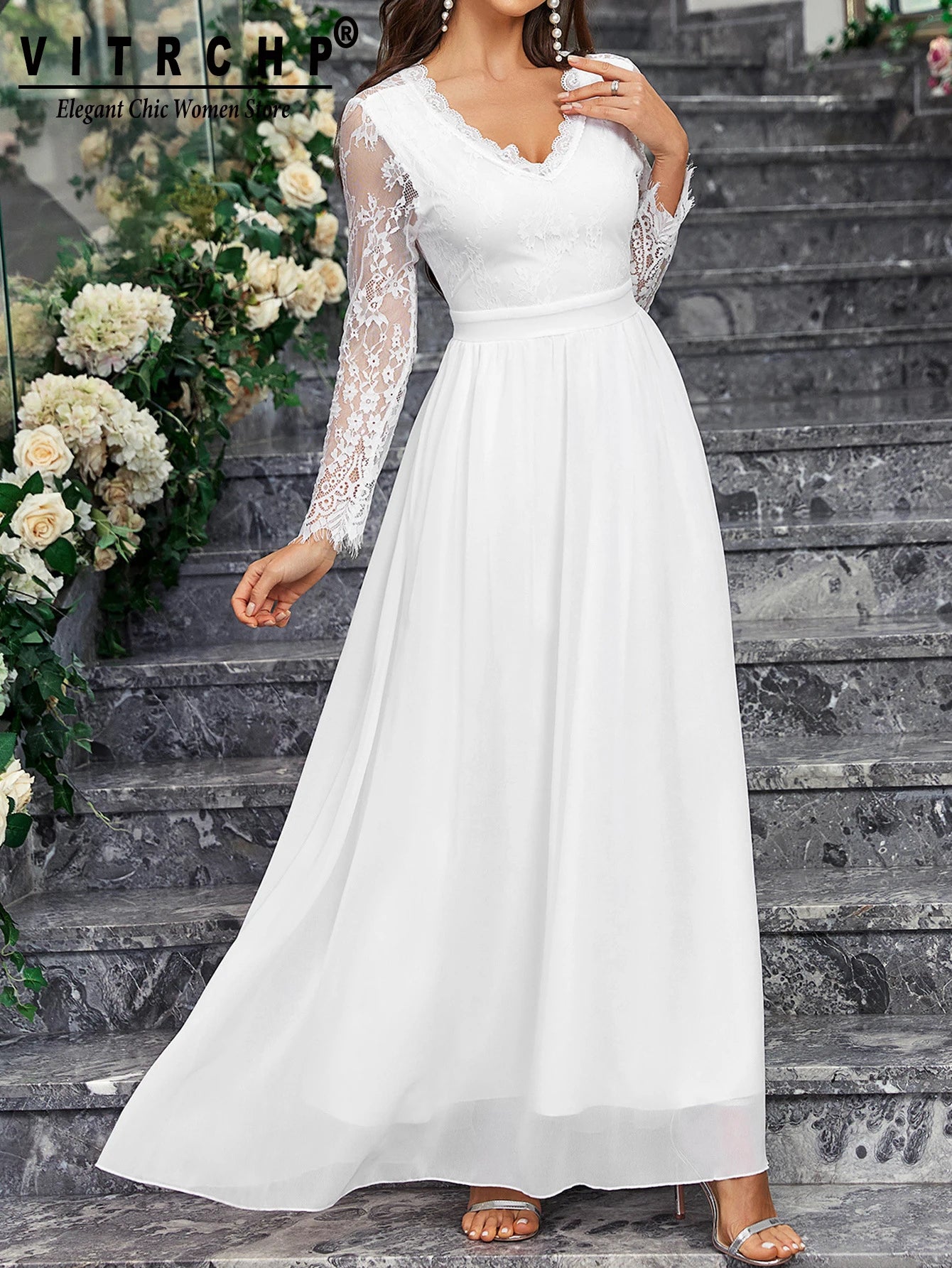 Lace Sleeve Backless Wedding Gown Formal Bridal Dress Wedding | Chuzko.com