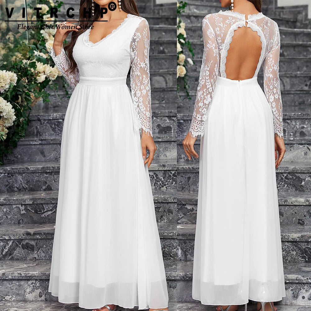 Lace Sleeve Backless Wedding Gown Formal Bridal Dress Wedding | Chuzko.com