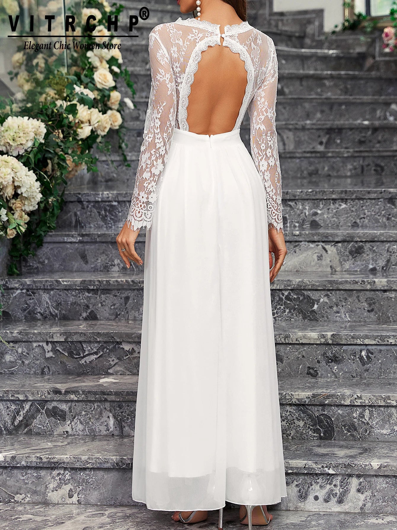 Lace Sleeve Backless Wedding Gown Formal Bridal Dress Wedding | Chuzko.com