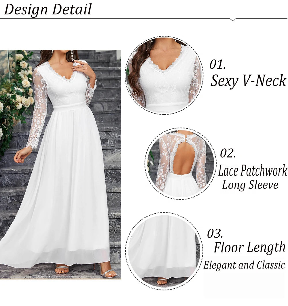 Lace Sleeve Backless Wedding Gown Formal Bridal Dress Wedding | Chuzko.com