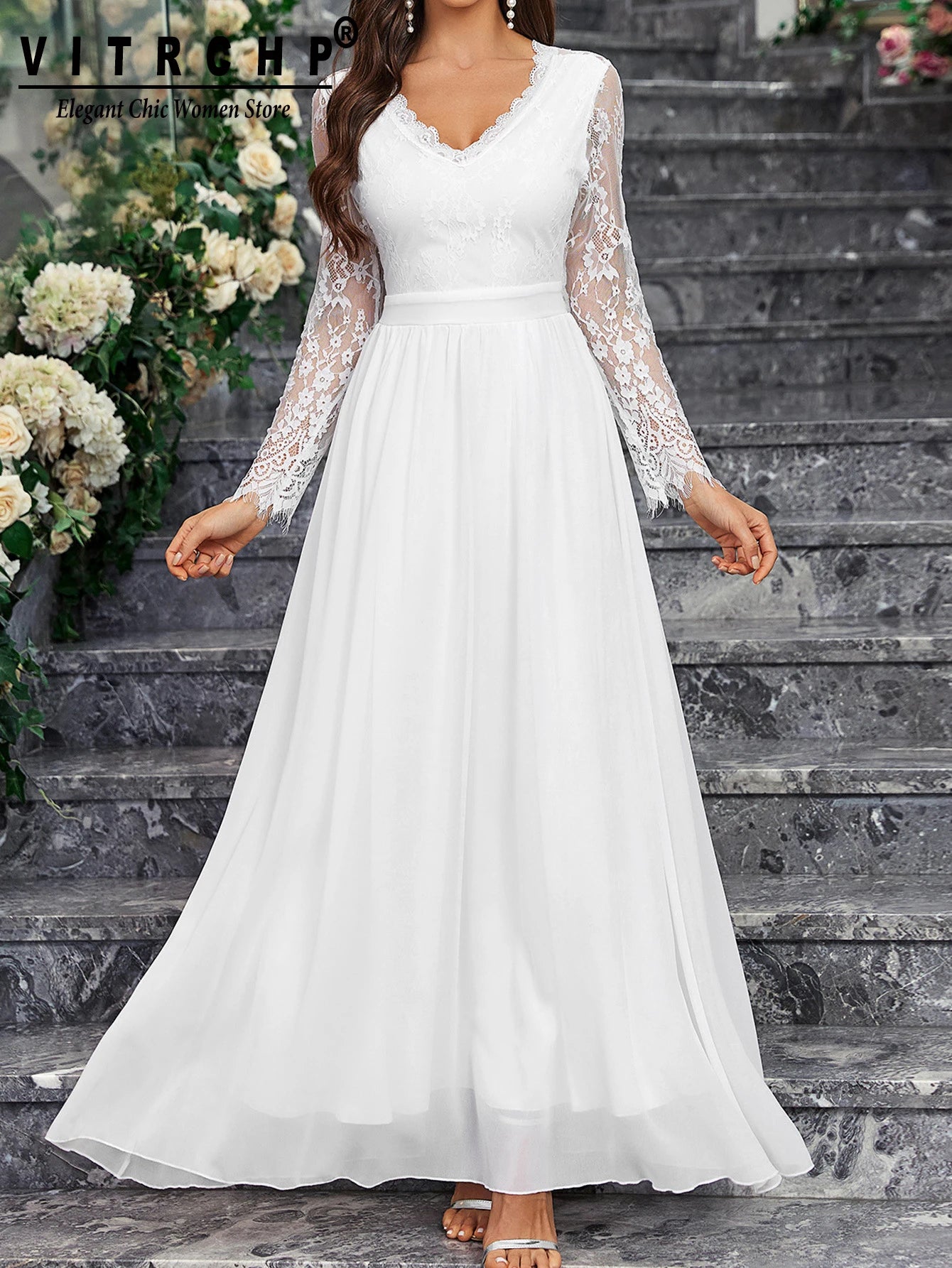 Lace Sleeve Backless Wedding Gown Formal Bridal Dress	