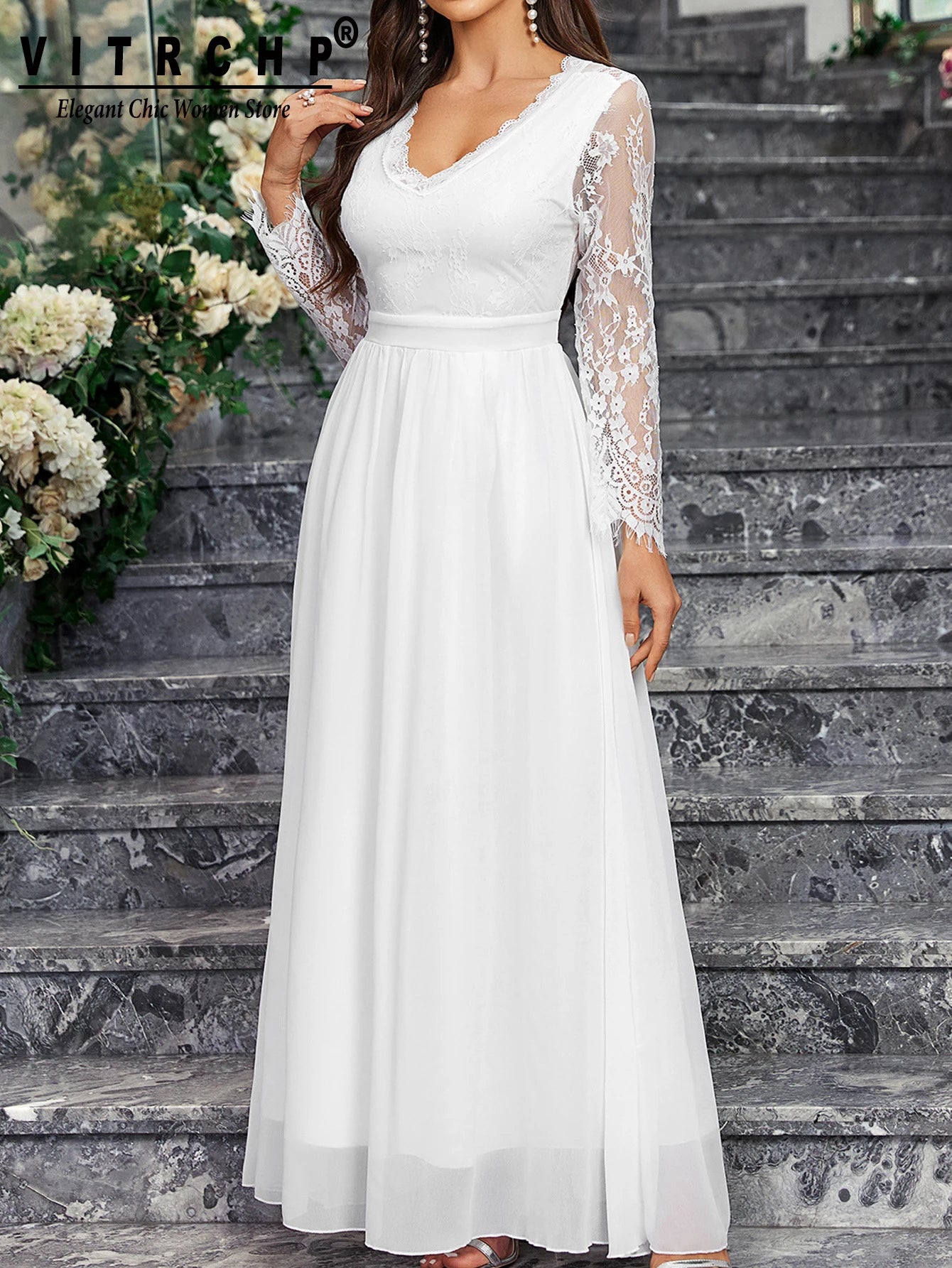 Lace Sleeve Backless Wedding Gown Formal Bridal Dress Wedding | Chuzko.com