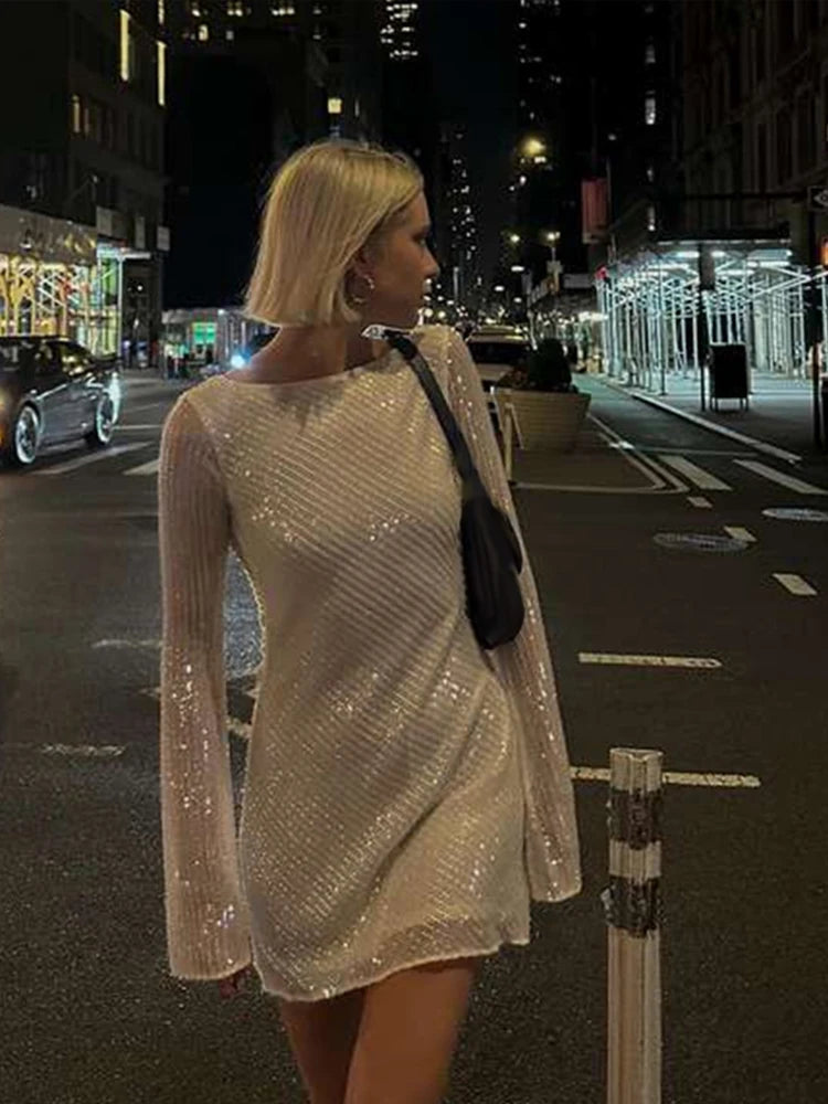 Mesh Sequin Mini Dress Elegant Backless Cowl for Clubbing Sequin | Chuzko.com