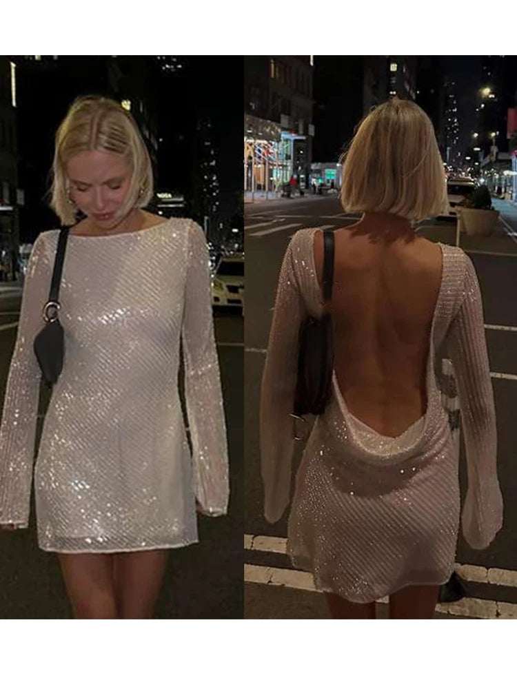 Mesh Sequin Mini Dress Elegant Backless Cowl for Clubbing Sequin | Chuzko.com