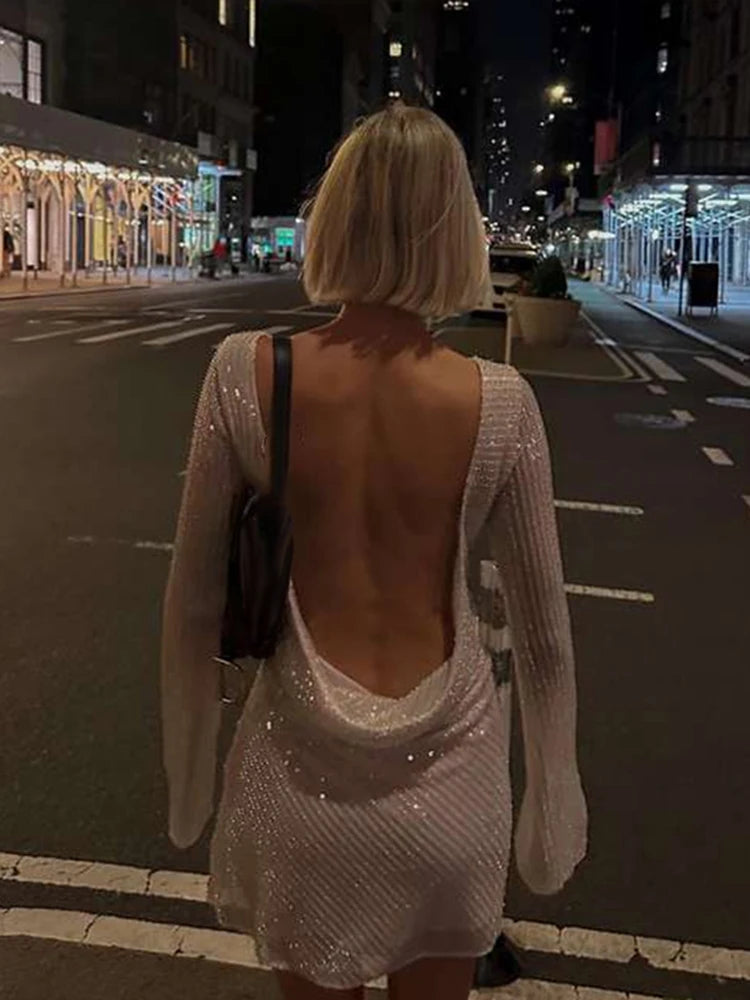 Mesh Sequin Mini Dress Elegant Backless Cowl for Clubbing Sequin | Chuzko.com