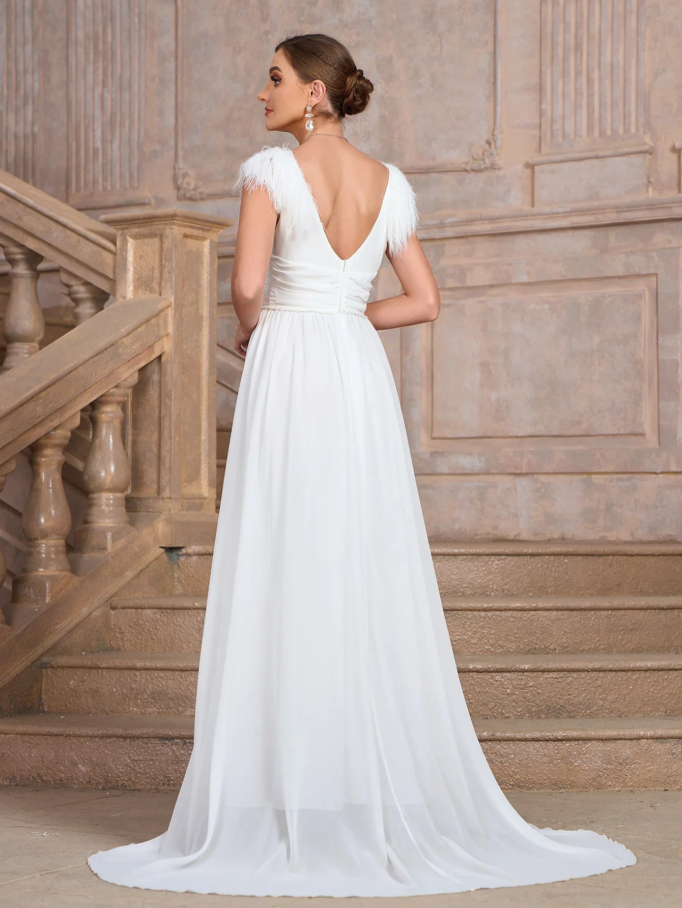 Formal Wedding Dress Feather-Trim V-Neck Bridal Gown Wedding | Chuzko.com