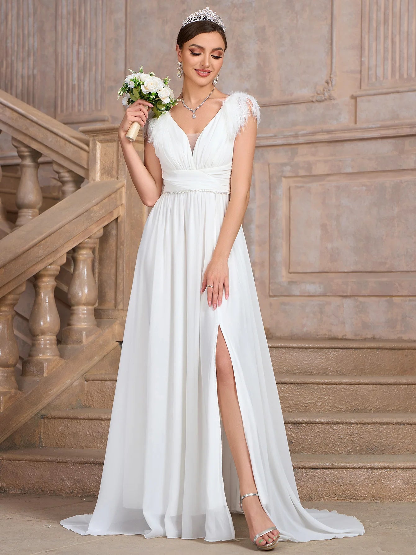 Formal Wedding Dress Feather-Trim V-Neck Bridal Gown Wedding | Chuzko.com