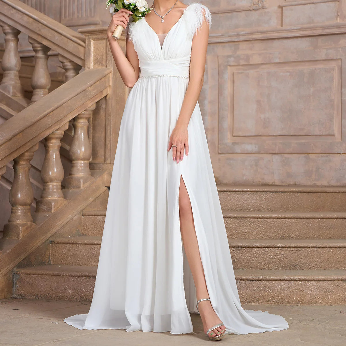 Formal Wedding Dress Feather-Trim V-Neck Bridal Gown Wedding | Chuzko.com