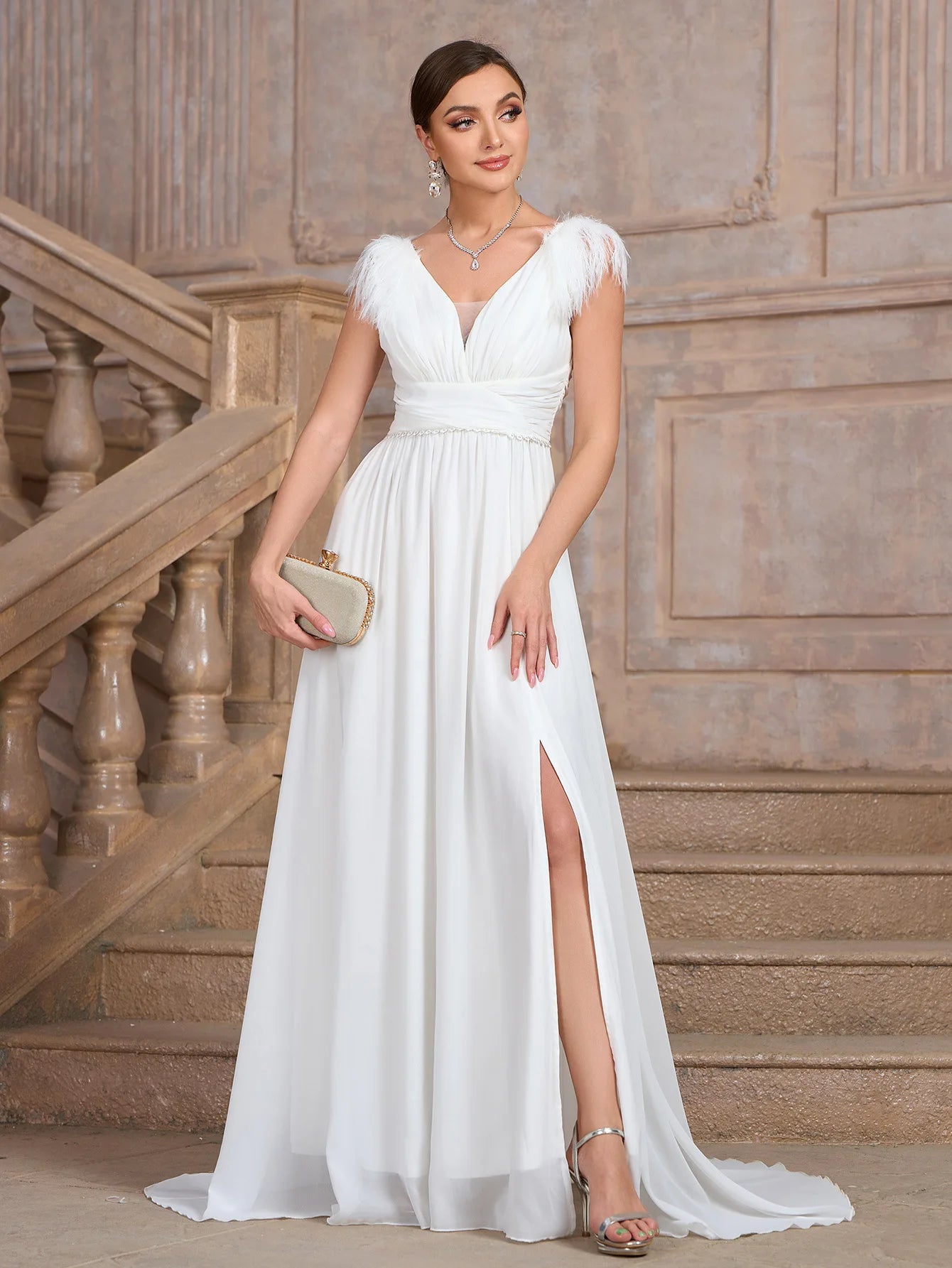 Formal Wedding Dress Feather-Trim V-Neck Bridal Gown Wedding | Chuzko.com