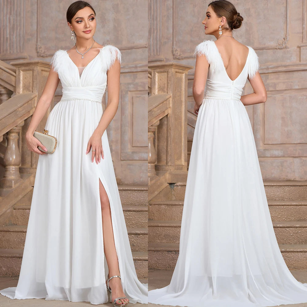 Formal Wedding Dress Feather-Trim V-Neck Bridal Gown Wedding | Chuzko.com