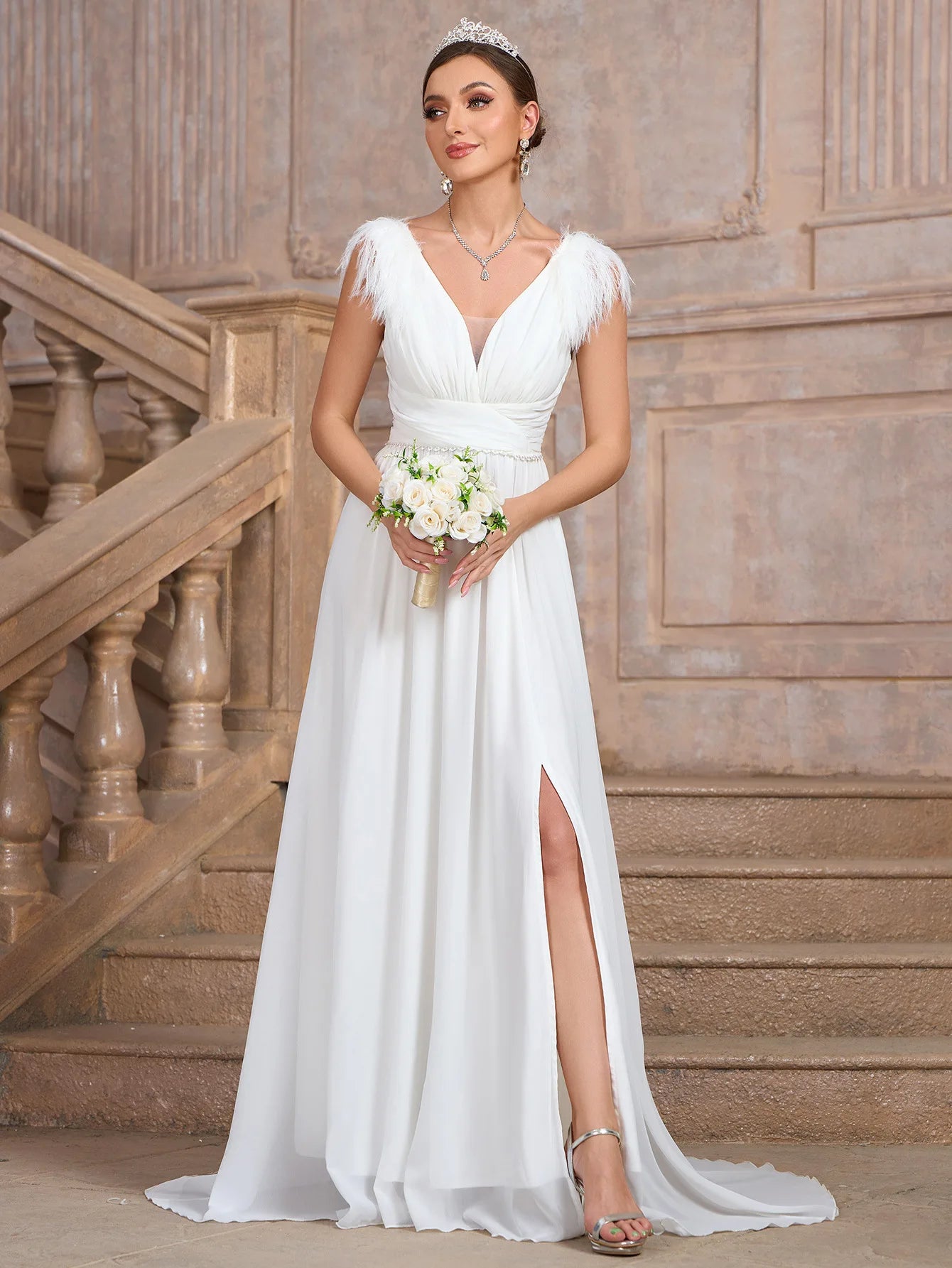 Formal Wedding Dress Feather-Trim V-Neck Bridal Gown	