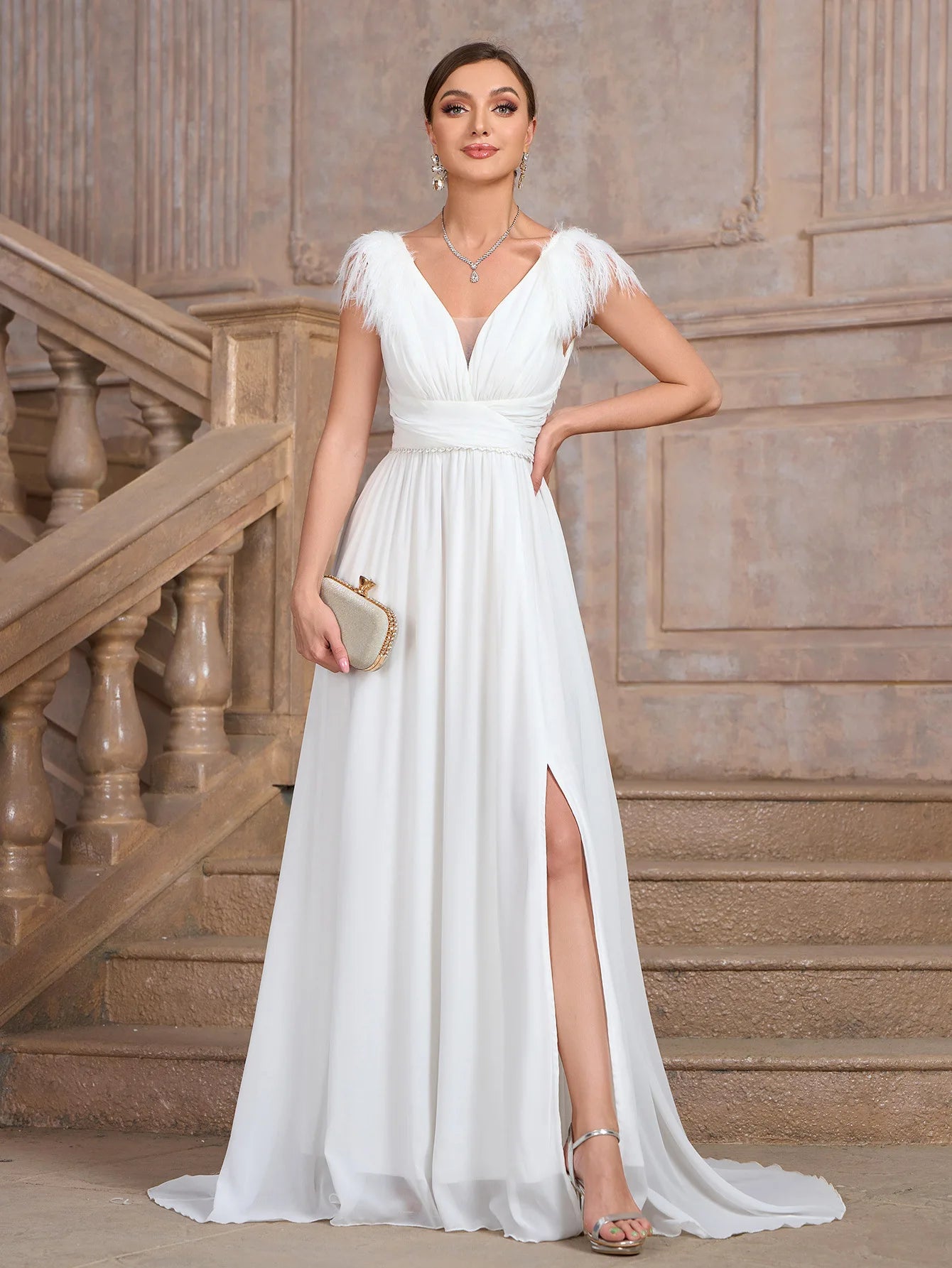 Formal Wedding Dress Feather-Trim V-Neck Bridal Gown Wedding | Chuzko.com