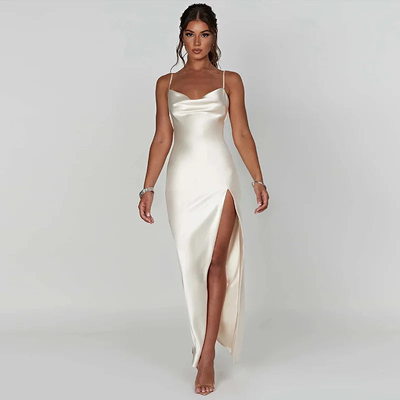 Bridesmaid Satin Dress for Weddings with Cowl Neck & Slit Satin | Chuzko.com