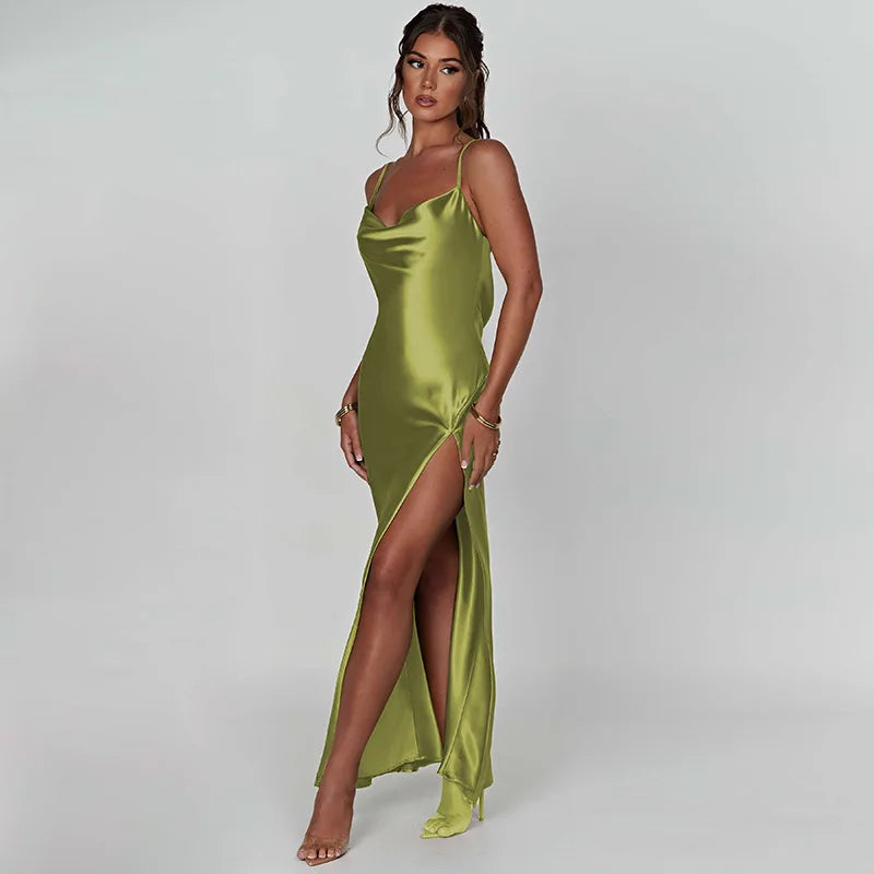 Bridesmaid Satin Dress for Weddings with Cowl Neck & Slit Satin | Chuzko.com