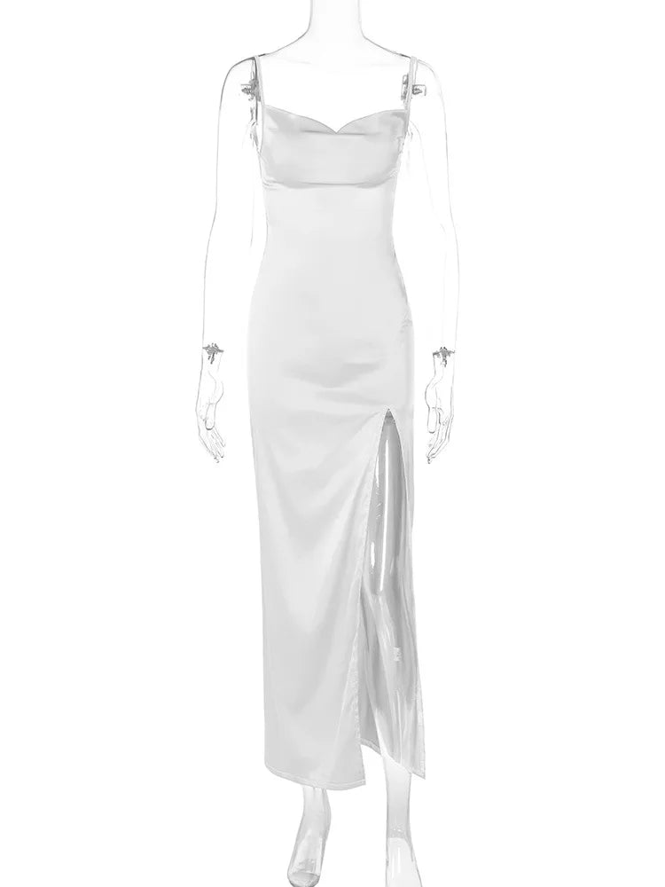 Bridesmaid Satin Dress for Weddings with Cowl Neck & Slit Satin | Chuzko.com