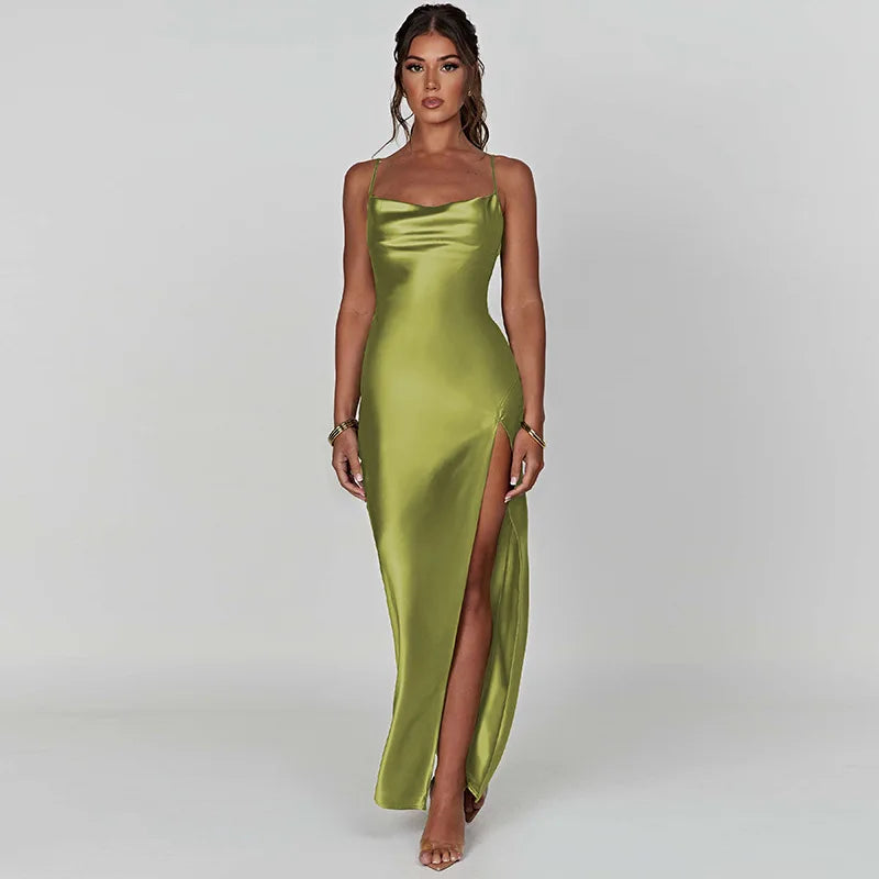 Bridesmaid Satin Dress for Weddings with Cowl Neck & Slit Satin | Chuzko.com