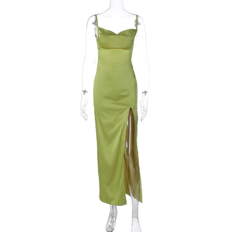 Bridesmaid Satin Dress for Weddings with Cowl Neck & Slit Satin | Chuzko.com