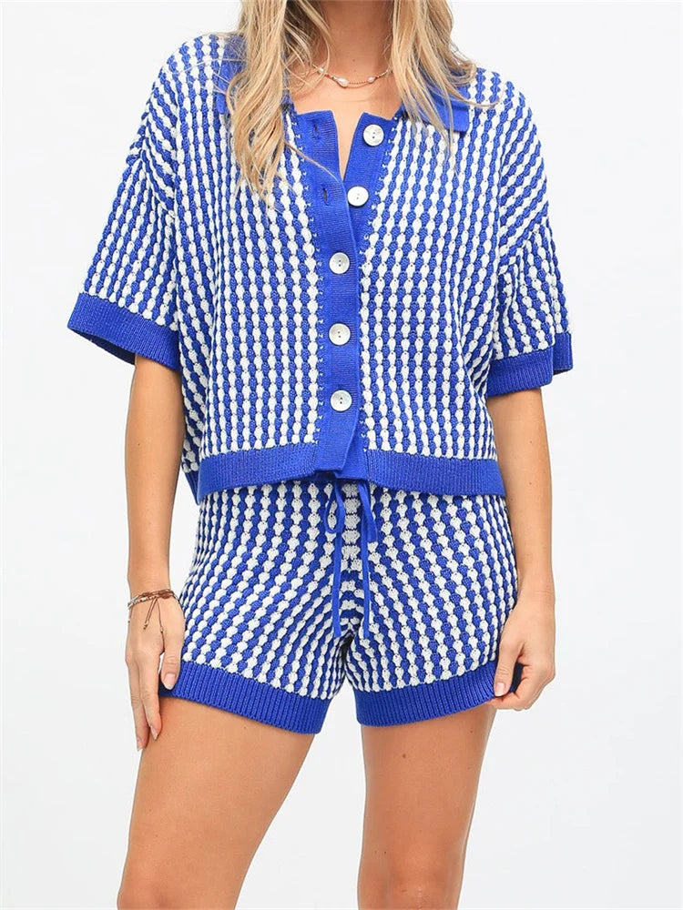 Button-Up Top & Shorts Knitted Loungewear Loungewear | Chuzko.com