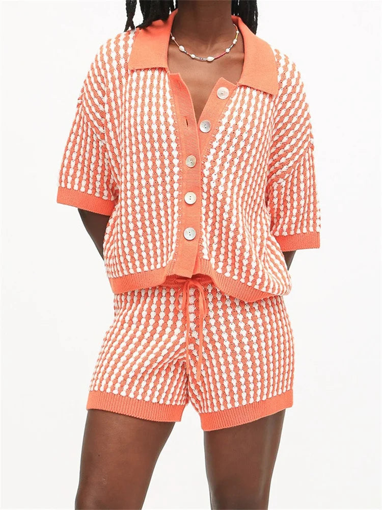 Button-Up Top & Shorts Knitted Loungewear	