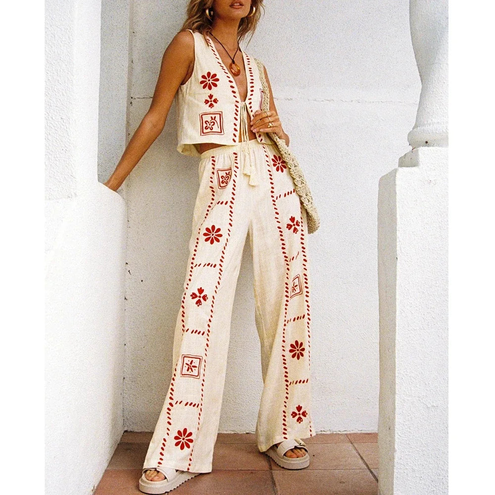 Boho Print 2-Piece Resort Outfit Set Pants and Top	