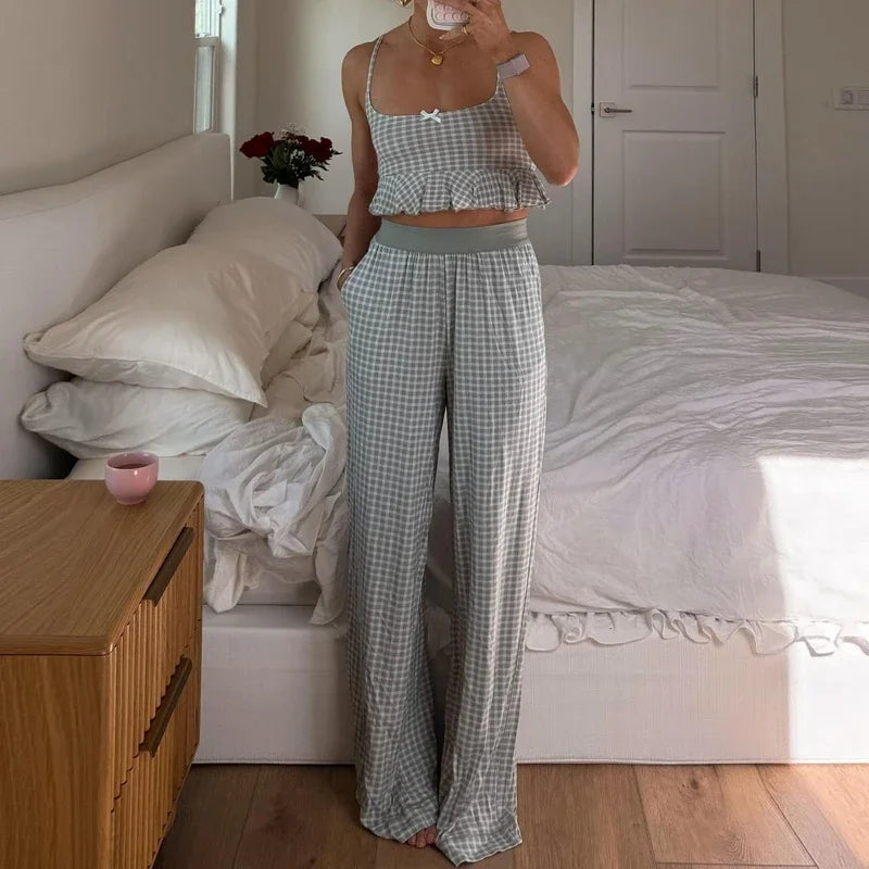 Casual Gingham Loungewear Set Cami & Pants	