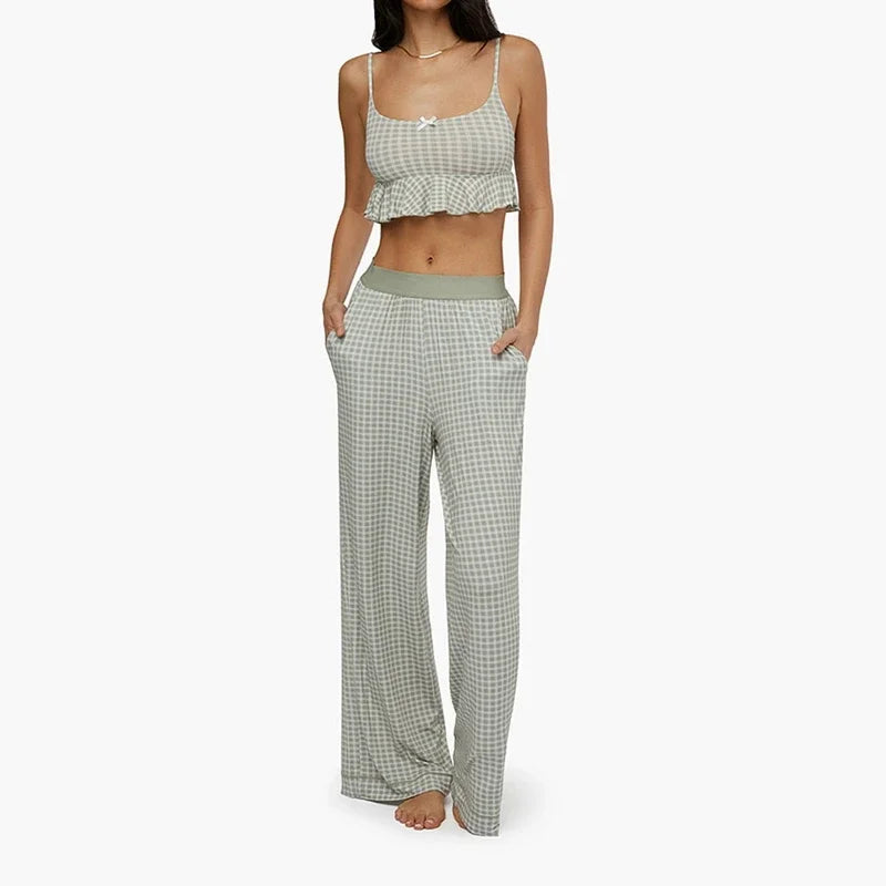 Casual Gingham Loungewear Set Cami & Pants Loungewear | Chuzko.com