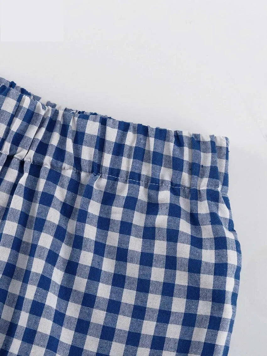 Gingham Outfit Pencil Pants & Tie-Up Shirt in Cotton Blend | Chuzko.com