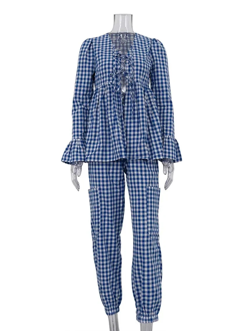 Gingham Outfit Pencil Pants & Tie-Up Shirt in Cotton Blend | Chuzko.com