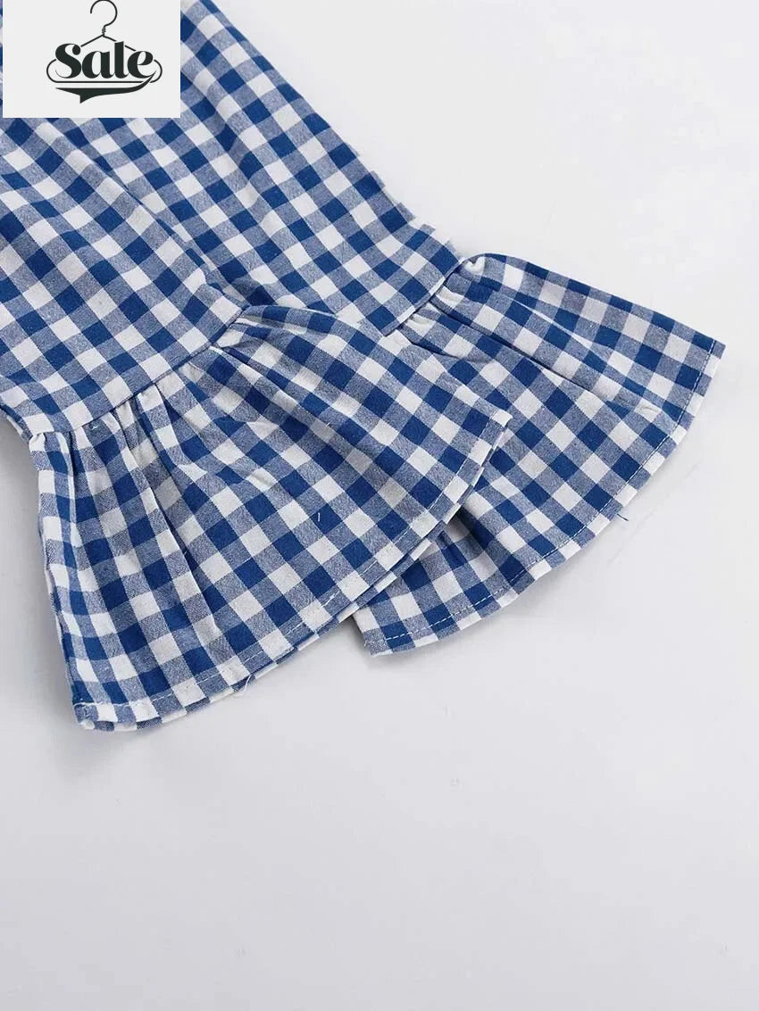 Gingham Outfit Pencil Pants & Tie-Up Shirt in Cotton Blend | Chuzko.com