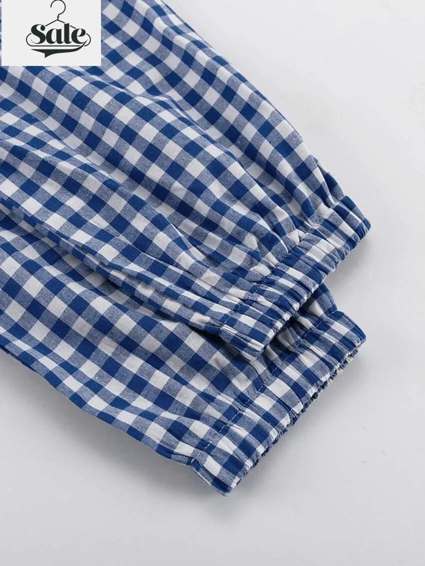 Gingham Outfit Pencil Pants & Tie-Up Shirt in Cotton Blend | Chuzko.com